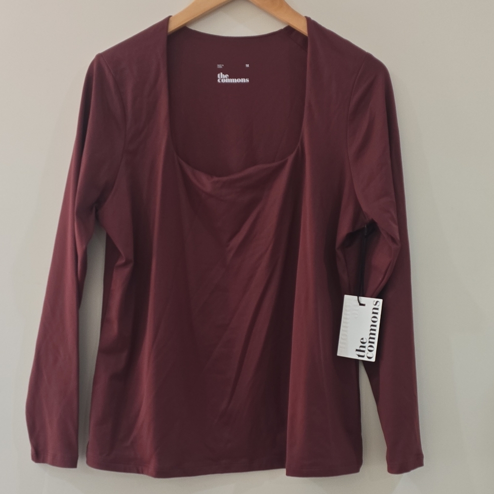 Cute Womens Knit Top 1X Burgundy Pullover Square Neck Long Sleeve